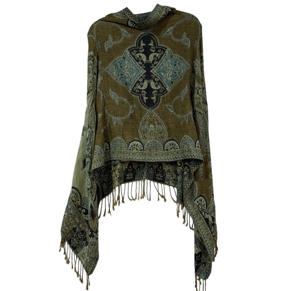Paisley Tapestry Ruana Poncho Wrap Fringe Shawl Plus Sz Hippie Festival Cape JMS